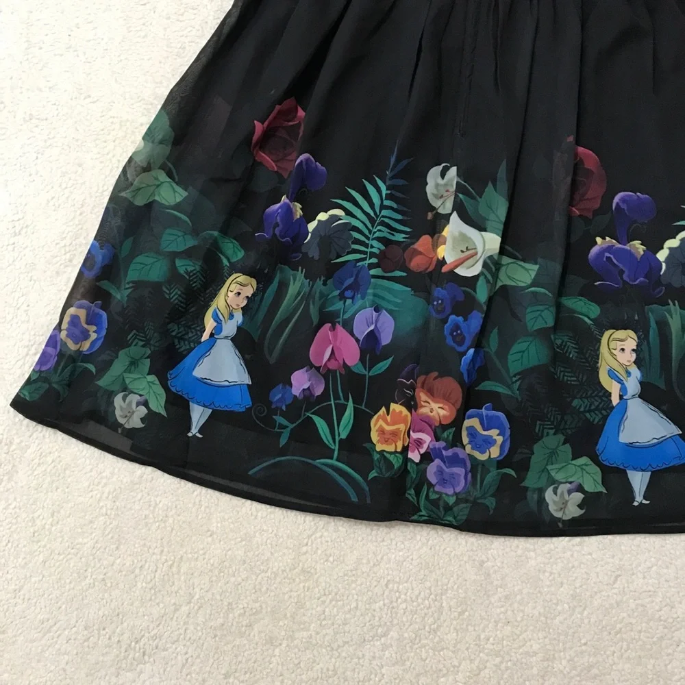 Disney Black Floral Alice in Wonderland A-Line Skirt - Picture 12 of 14